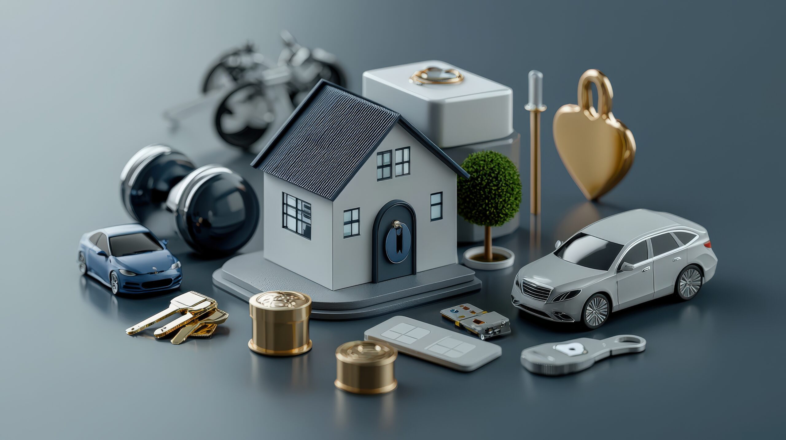 An illustration of various valuable assets including a miniature house, cars, weights, jewelry and safe suggesting wealth and personal property management.